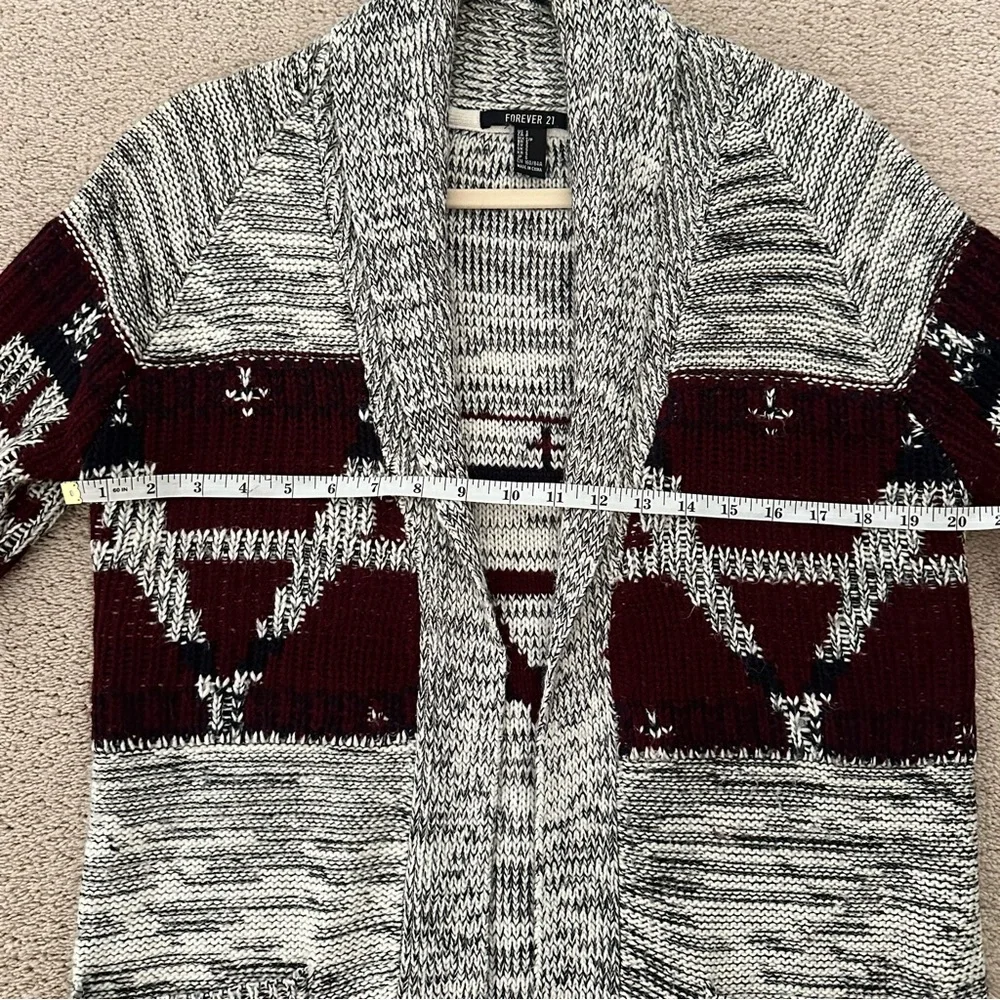 Fair Isle Fall Grey & Burgundy Open Front Oversized Cardigan Sweater